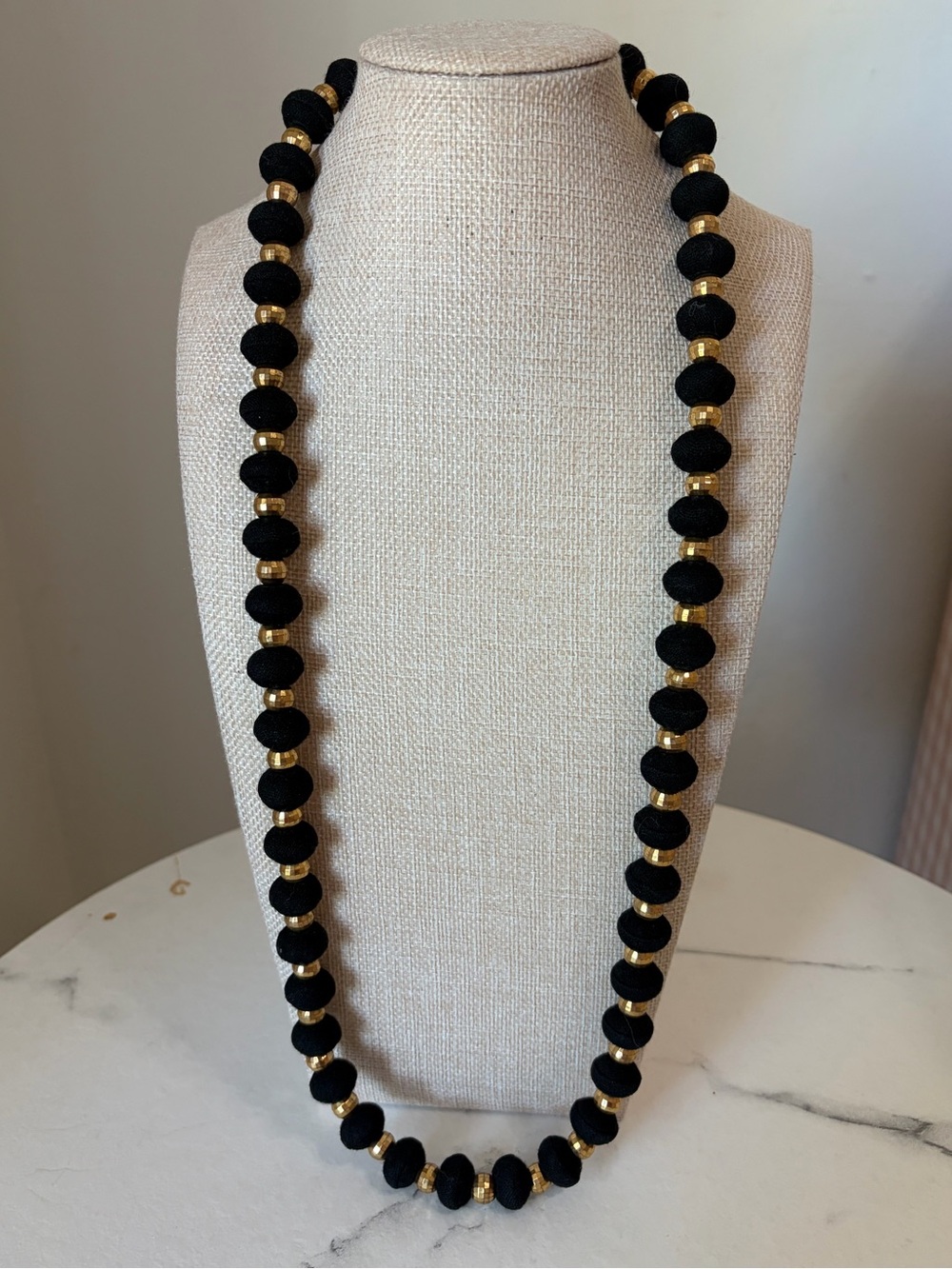 Black Fabric Bead and Gold Tone Necklace